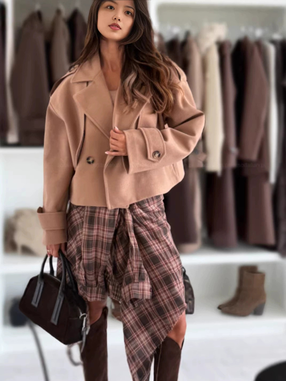 ZARA Retro Coffee Brown Short Wool Blazer for Women Loose Double Breasted Lapel